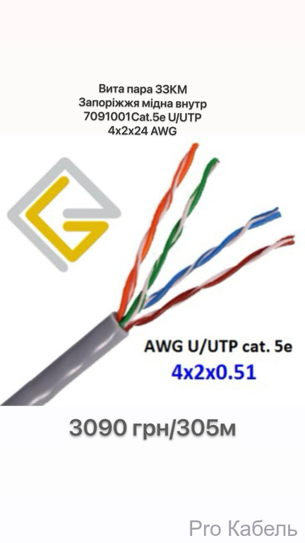 ЗЗКМ Category 5e U/UTP 4х2х24(0,51) AWG PVC внутрішній мідний 305м